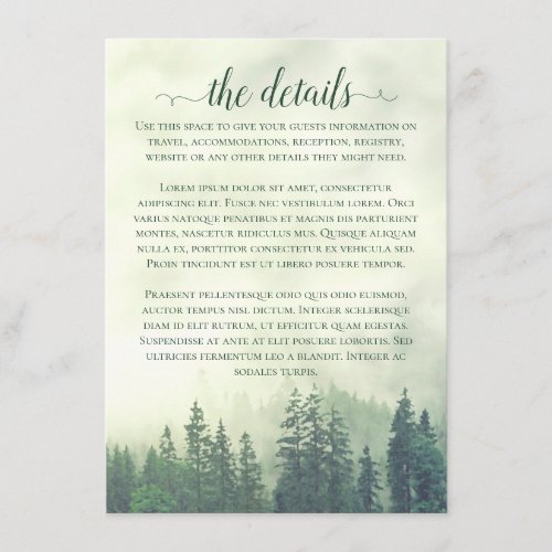 Misty Mountains Green Pine Forest Wedding Details Enclosure Card