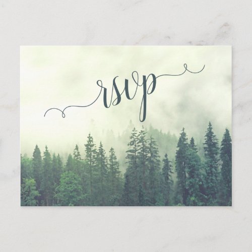 Misty Mountains Green Pine Forest Wedding RSVP Postcard