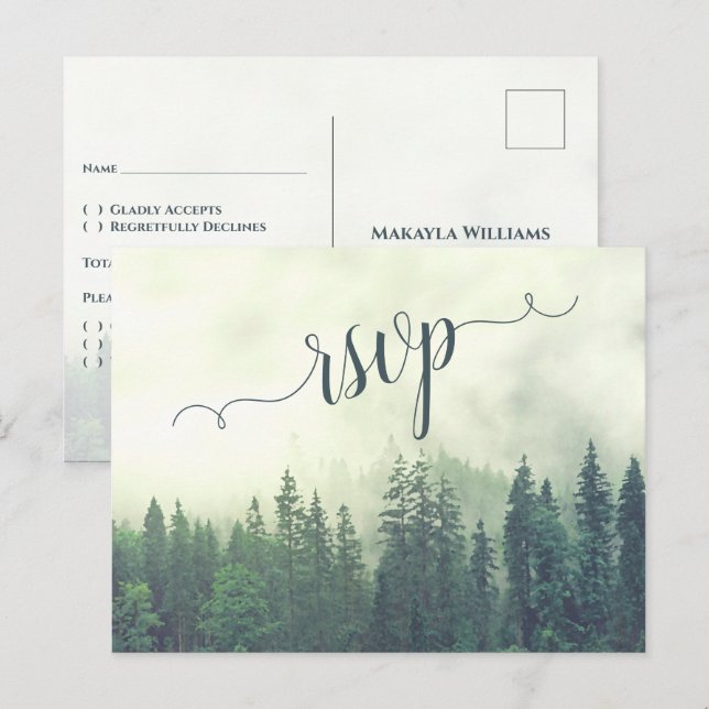 Misty Mountains Green Pine Forest Wedding RSVP Postcard (Front/Back)