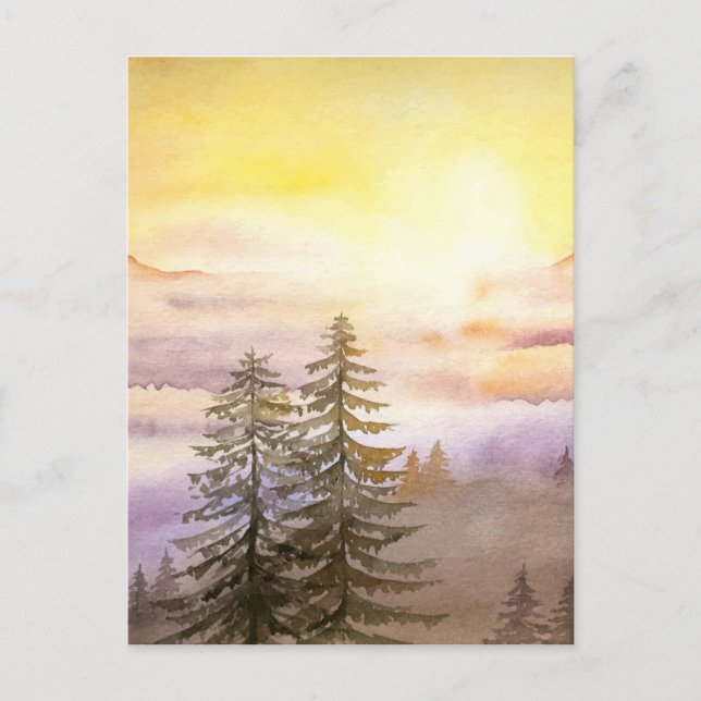 Misty mountains with pine trees postcard (Front)