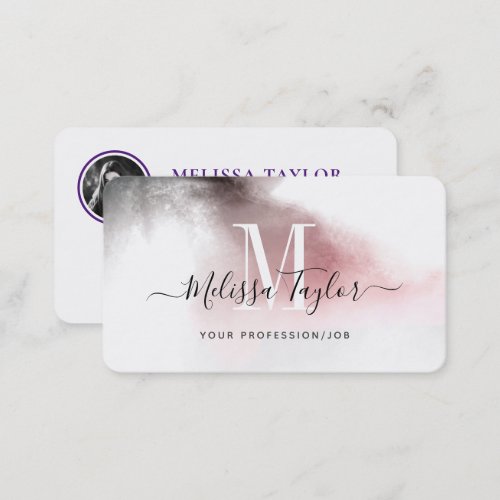 Misty Ombre Pink and Purple Monogram Photo Business Card