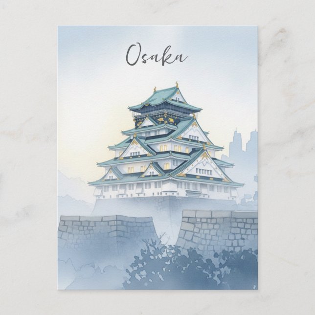 Misty Osaka Castle Japan Watercolor Postcard (Front)