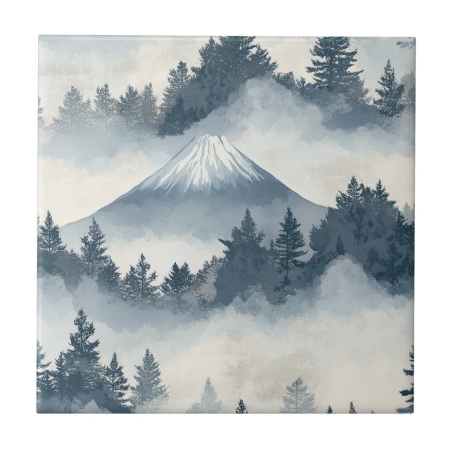 Misty Peaks – Watercolor Mountain Landscape (2) Ceramic Tile (Front)