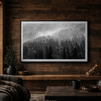 Misty Pine Forest Black and White Landscape Poster