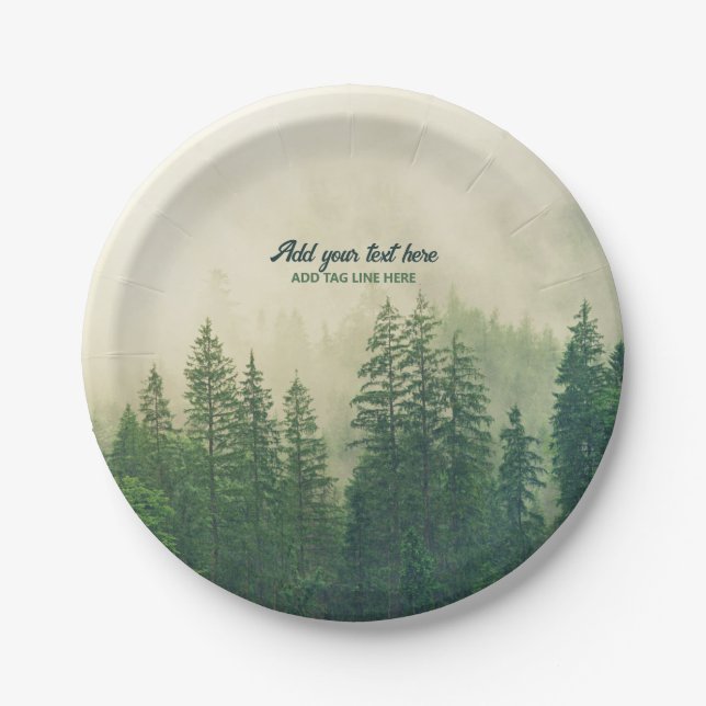Misty Pine Forest Trees Custom Keepsake Paper Plates (Front)