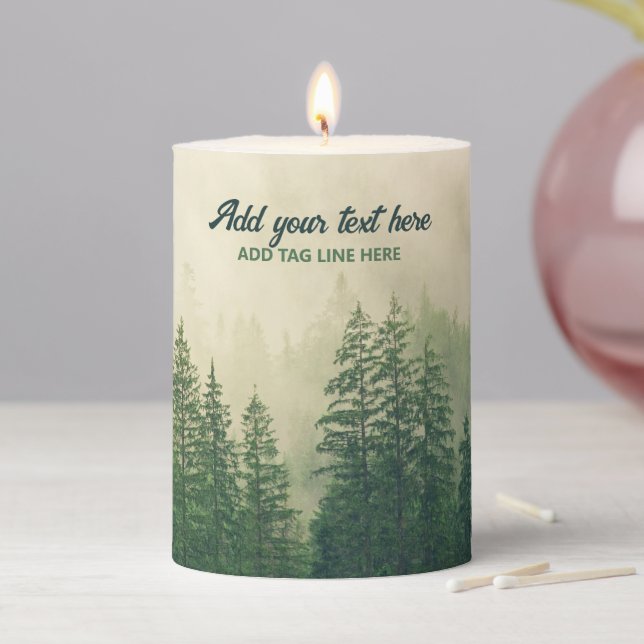 Misty Pine Forest Trees Custom Keepsake Pillar Candle (In Situ)
