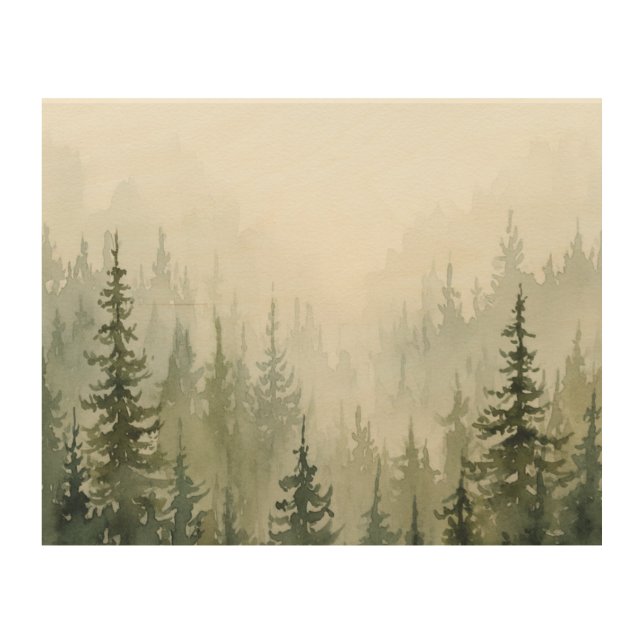 Misty Pine Forest Wall Art – Green & Grey Watercol (Front)