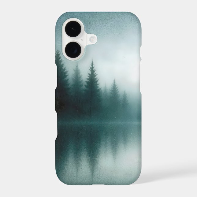 Misty Pine Tree Reflection in Lake Water iPhone Case (Back)