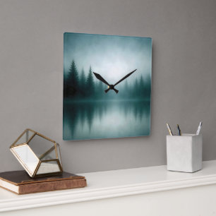 Misty Pine Tree Reflection in Lake Water Square Wall Clock