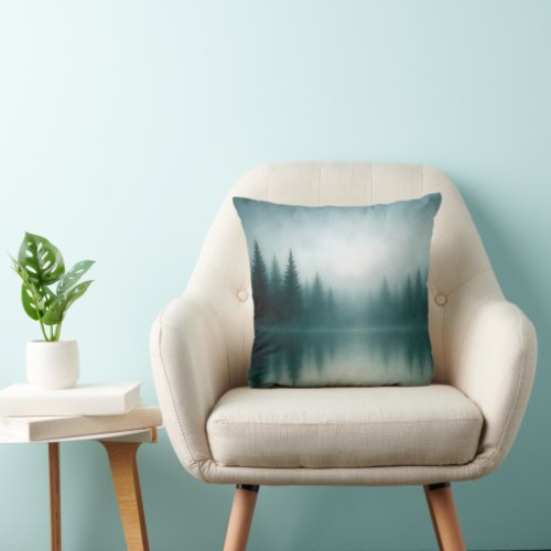 Misty Pine Tree Reflection in Lake Water Throw Pillow