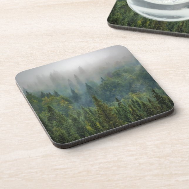 Misty pine trees forest landscape beverage coaster (Left Side)