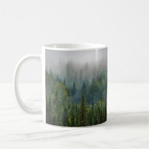 Misty pine trees forest landscape coffee mug