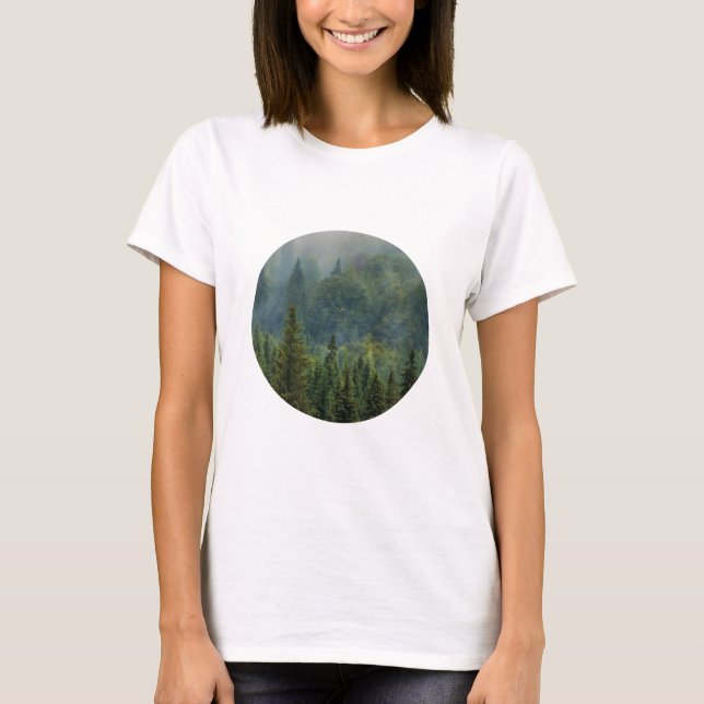 Misty pine trees forest landscape T-Shirt (Front)