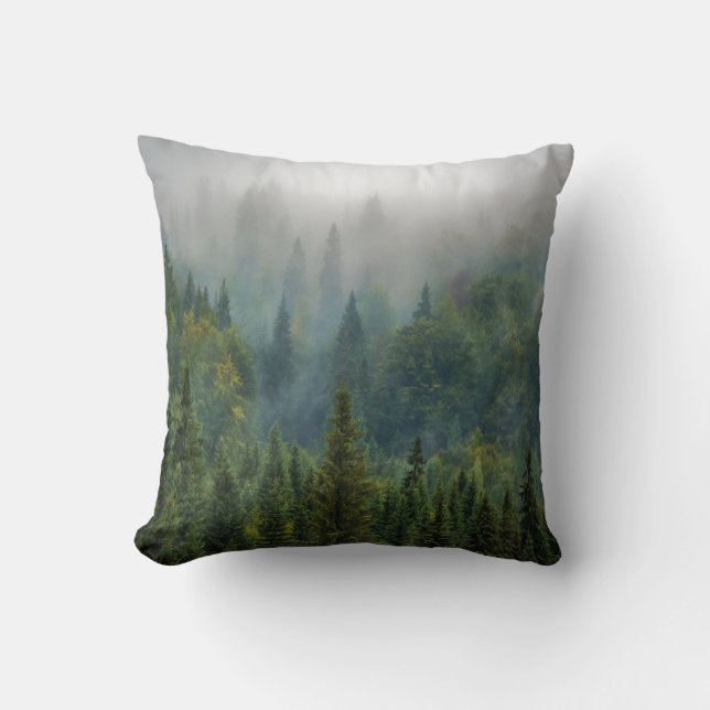 Misty pine trees forest landscape throw pillow (Front)