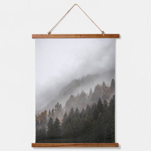 Misty Pine Woods in Early Fall Wood Topped Hanging Tapestry