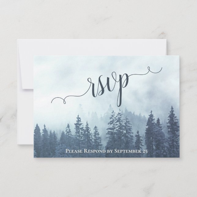 Misty Pines Rustic Blue Forest Outdoor Wedding RSVP Card (Front)