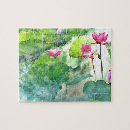 Misty Pink Lotus Summer Green Jigsaw Puzzle