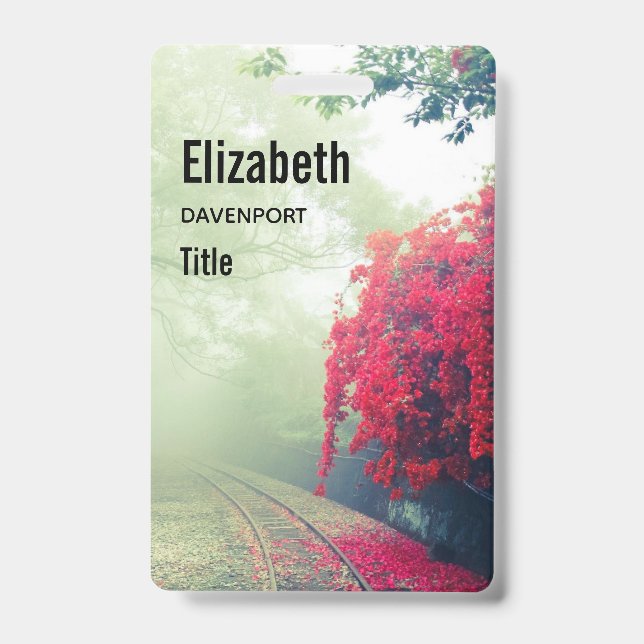 Misty Railroad Tracks Scenic Photo Badge (Front)