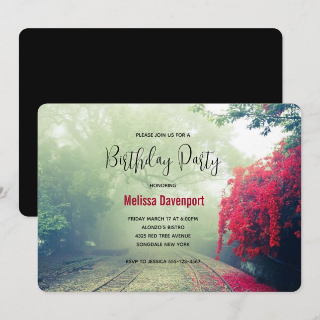 Misty Railroad Tracks Scenic Photo Birthday Invitation (Front/Back)