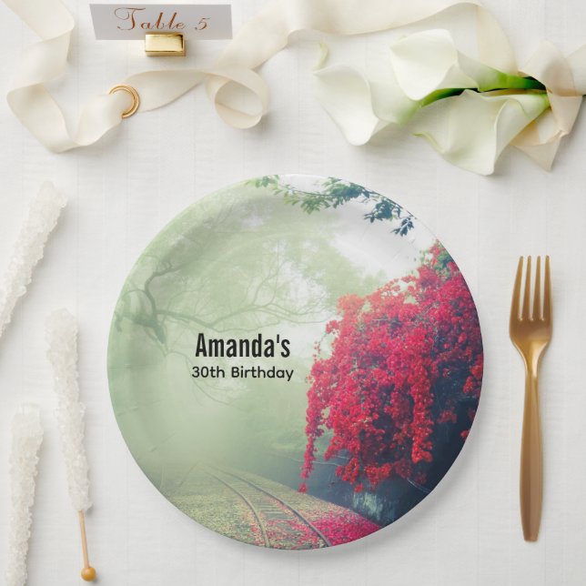 Misty Railroad Tracks Scenic Photo Birthday Paper Plates (Wedding)