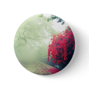 Misty Railroad Tracks Scenic Photo Button
