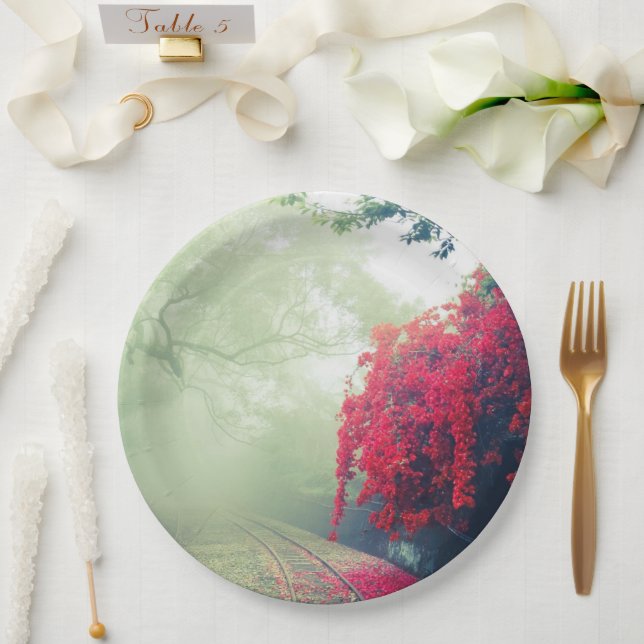 Misty Railroad Tracks Scenic Photo Paper Plates (Wedding)