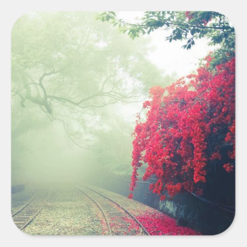 Misty Railroad Tracks Scenic Photo Square Sticker