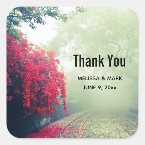 Misty Railroad Tracks Scenic Photo Thank You Square Sticker