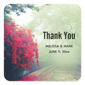Misty Railroad Tracks Scenic Photo Thank You Square Sticker