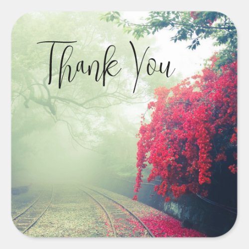 Misty Railroad Tracks Scenic Photo Thank You Square Sticker