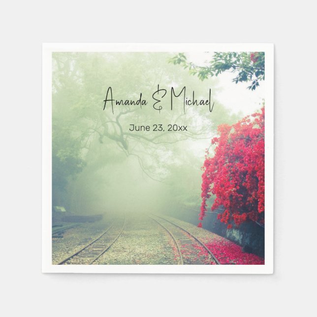 Misty Railroad Tracks Scenic Photo Wedding Event Napkins (Front)