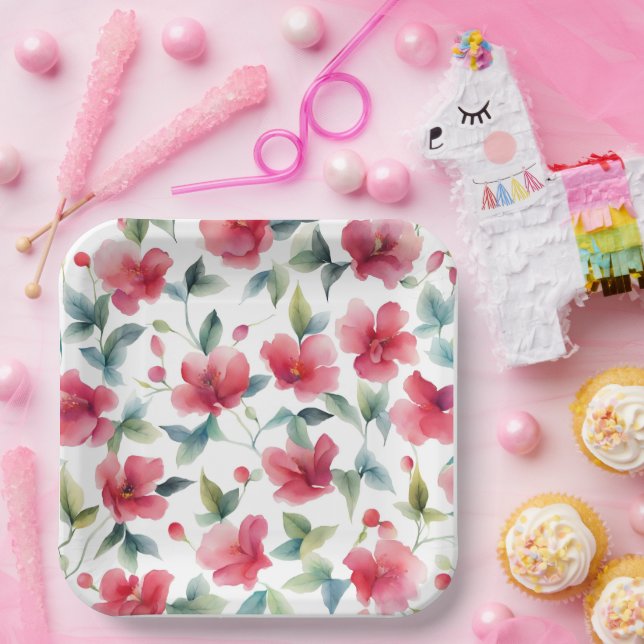 Misty Red Floral Pattern Paper Plates (Party)