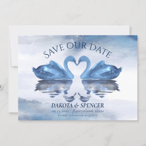 Misty Reflections  Classic Blue Swan Lake Wedding Save The Date