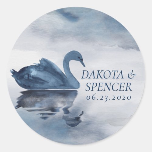 Misty Reflections  Dusty Blue Swan Lake Wedding Classic Round Sticker