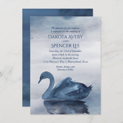 Misty Reflections  Dusty Blue Swan Lake Wedding Invitation