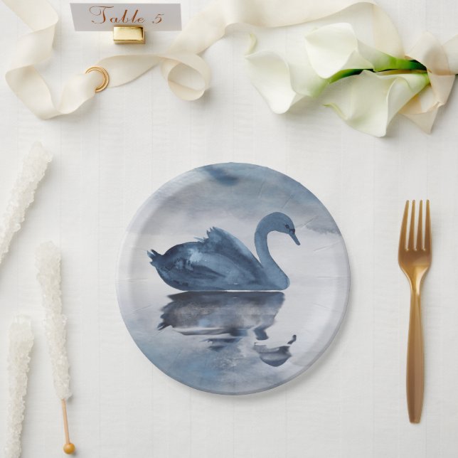 Misty Reflections | Dusty Blue Swan Lake Wedding Paper Plates (Wedding)
