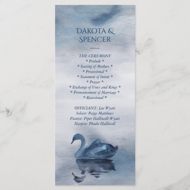 Misty Reflections | Dusty Blue Swan Lake Wedding Program (Front)
