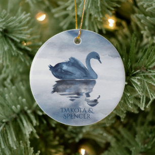 Misty Reflections Dusty Blue Swan on Lake Name Ceramic Ornament