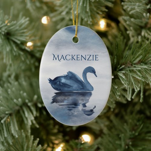 Misty Reflections  Dusty Blue Swan on Lake Name Ceramic Ornament