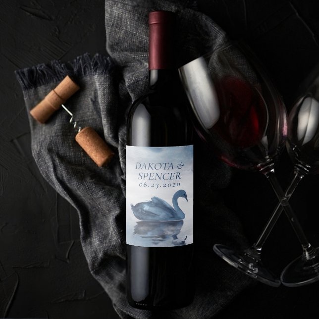 Misty Reflections | Dusty Blue Swan Wedding Favor Wine Label (Creator Uploaded)