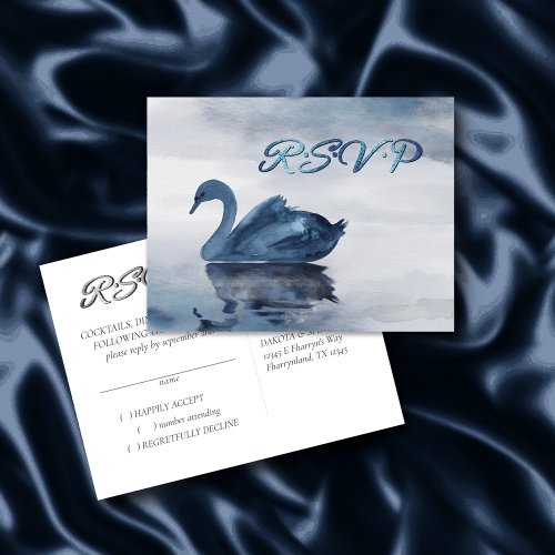 Misty Reflections  Dusty Blue Swan Wedding RSVP Postcard