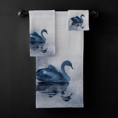 Misty Reflections  Moody Dusty Blue Swan on Lake Bath Towel Set