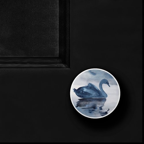 Misty Reflections  Moody Dusty Blue Swan on Lake Ceramic Knob