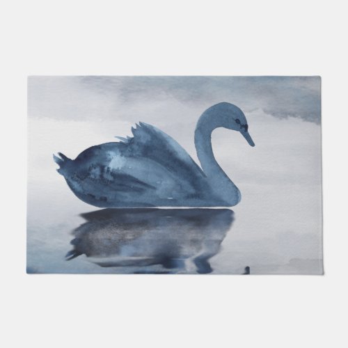 Misty Reflections  Moody Dusty Blue Swan on Lake Doormat