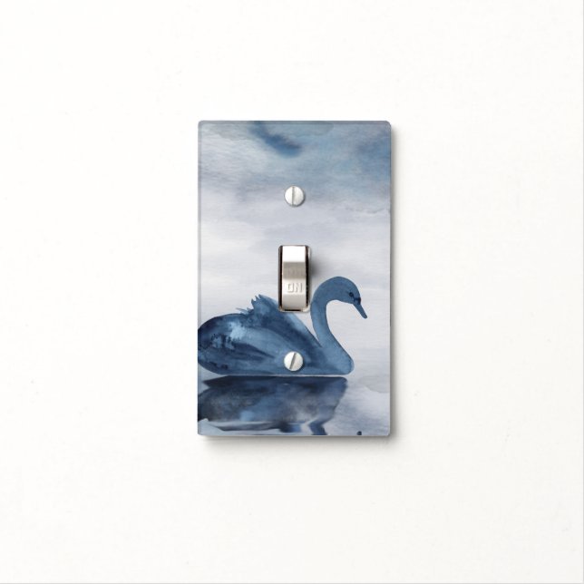 Misty Reflections | Moody Dusty Blue Swan on Lake Light Switch Cover (In Situ)