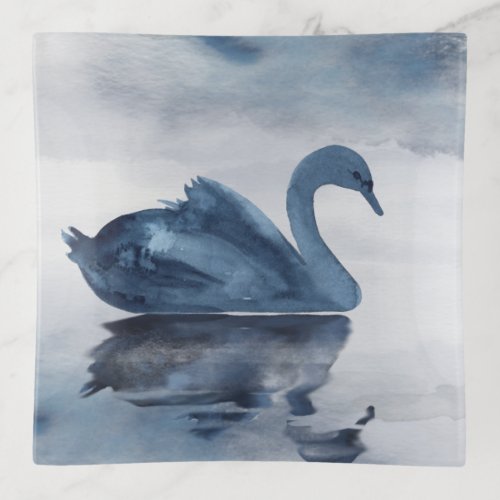 Misty Reflections  Moody Dusty Blue Swan on Lake Trinket Tray
