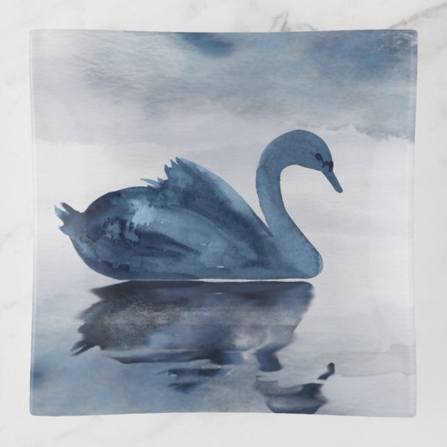 Misty Reflections | Moody Dusty Blue Swan on Lake Trinket Tray (Front)