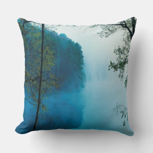 Misty River  Trees Panoramic View Throw Pillow