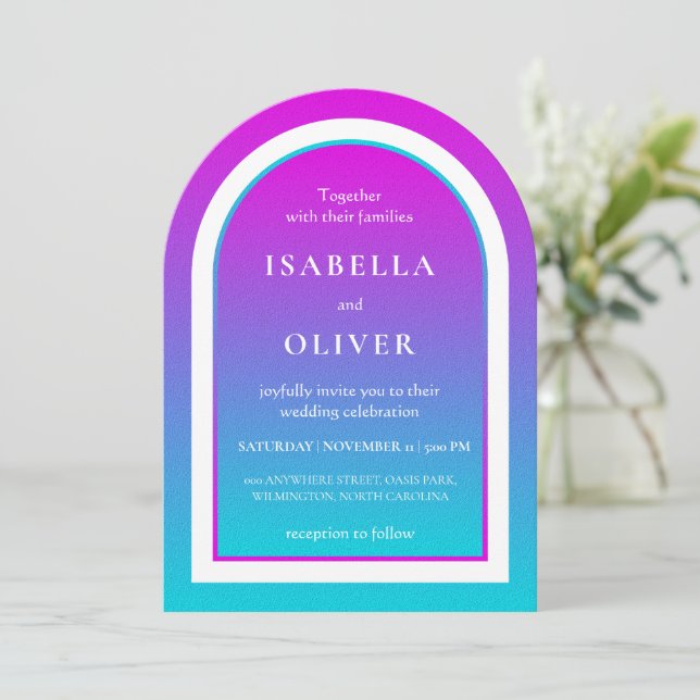 Misty rose and light sky blue gradient wedding invitation (Standing Front)