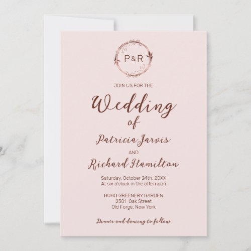 Misty Rose Monogram Elegant Wedding Invitation